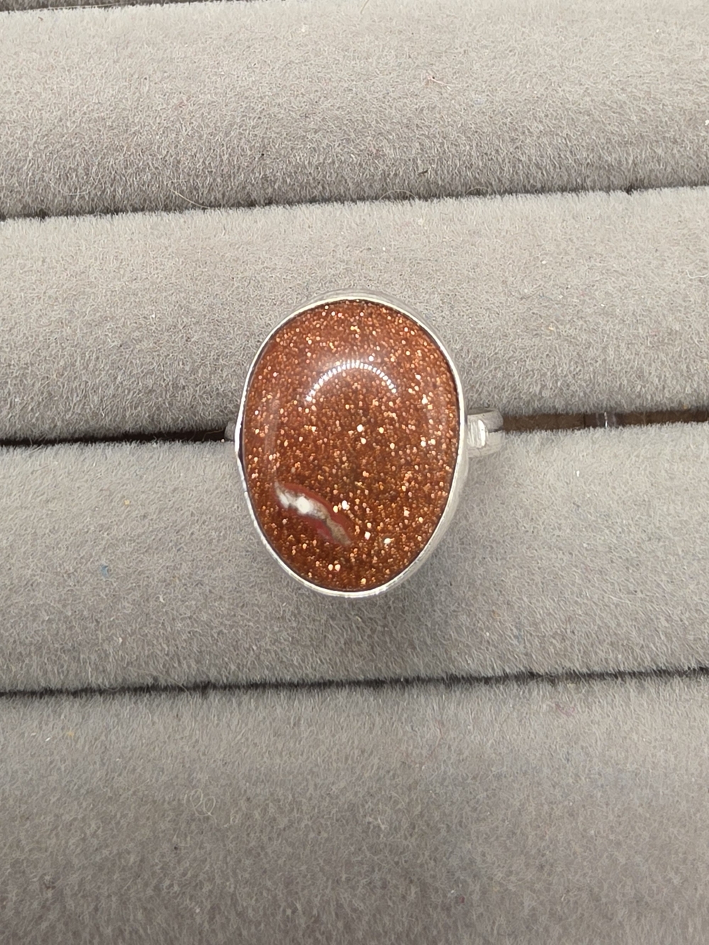 Goldstone Oval Silver Plated Ring Size 8 - Brown Sparkle Statement Ring